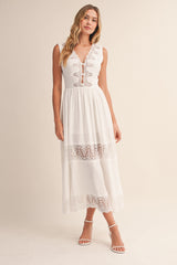 V NECK LACE DETAIL MIDI DRESS